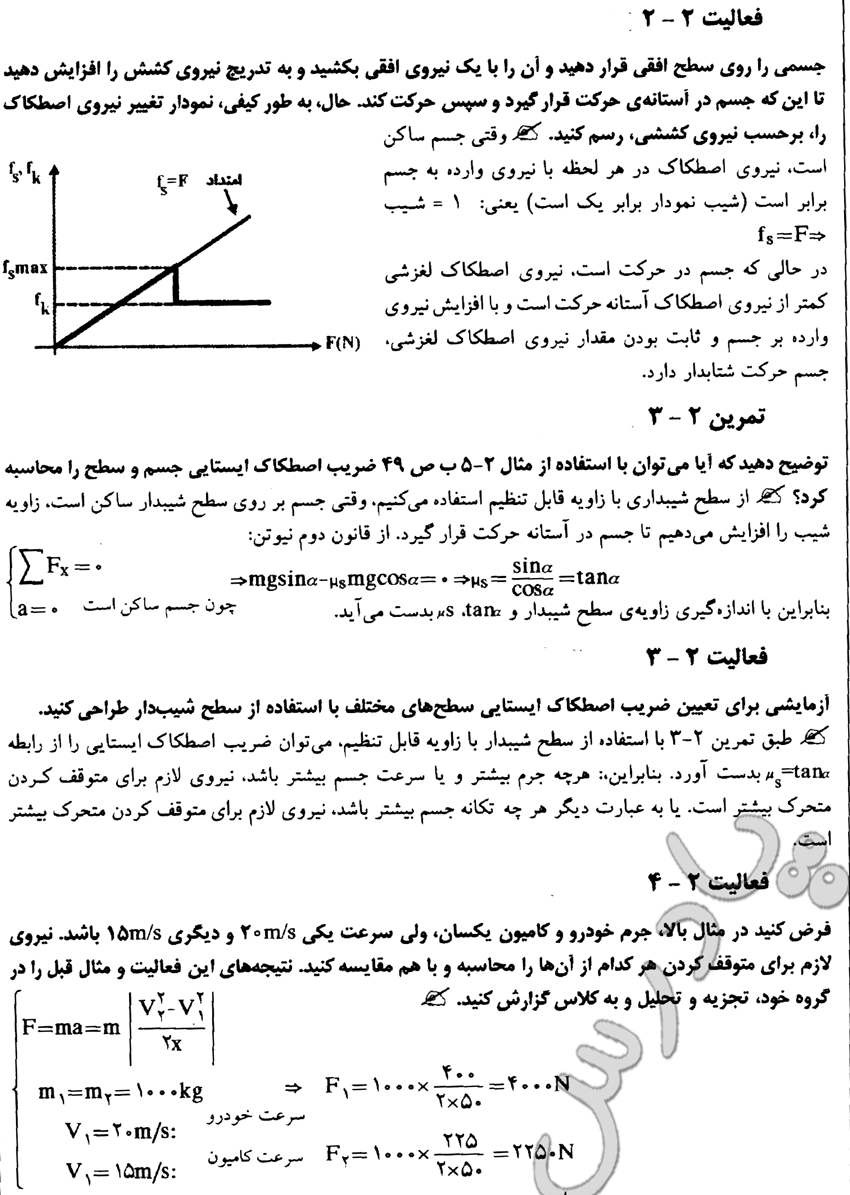 حل تمرین3 و فعالیت 2 تا 4 فصل دوم فیزیک پیش دانشگاهی ریاضی