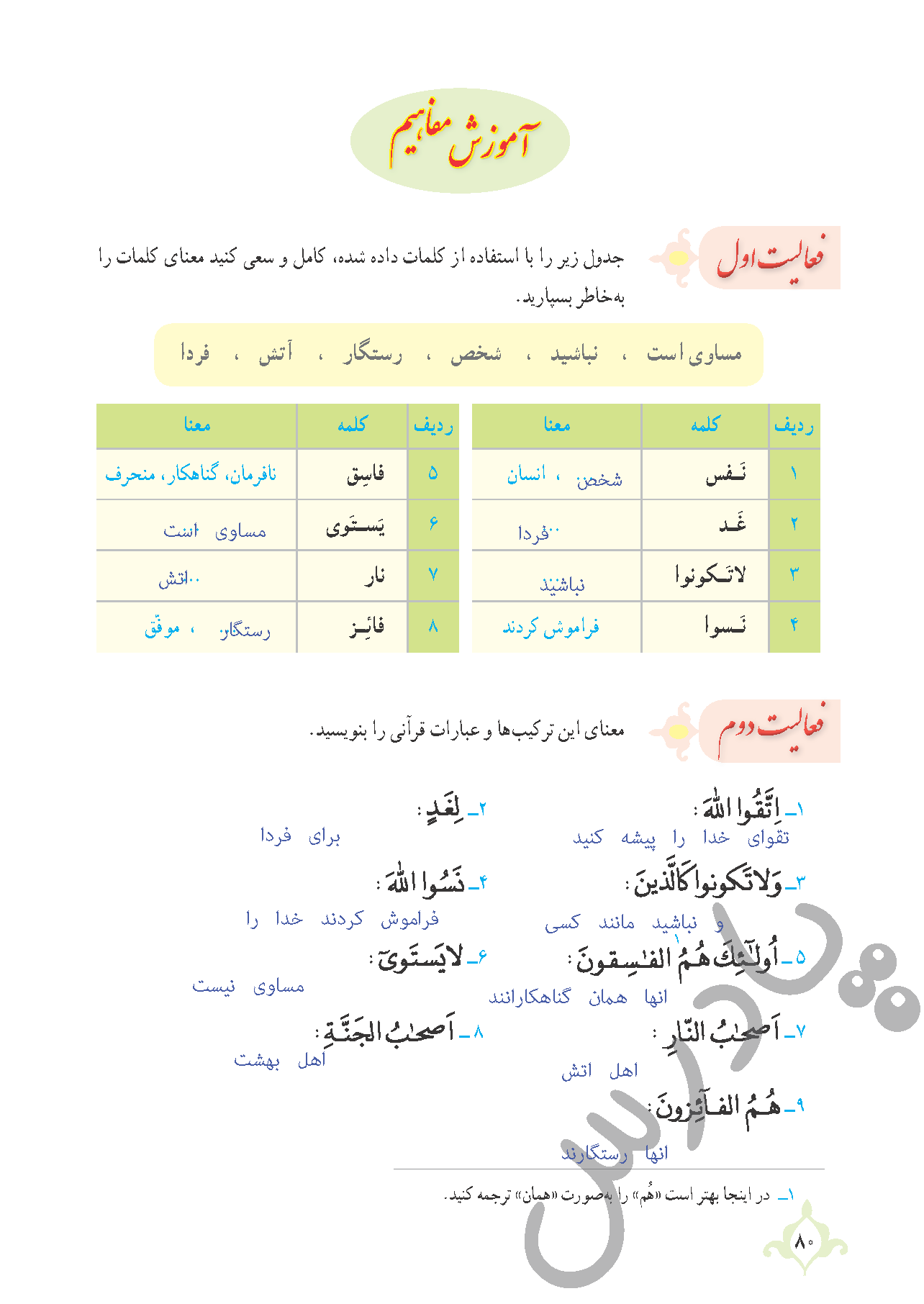 پاسخ فعالیت درس7 قرآن نهم -بخش دوم