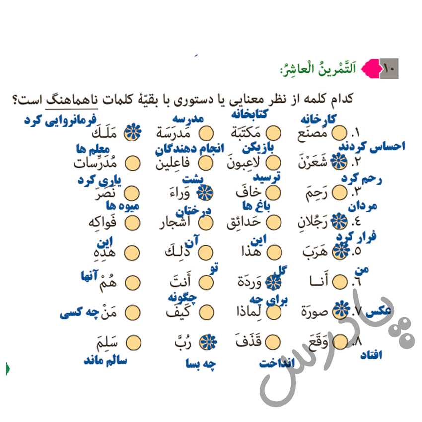 پاسخ تمرین 10 درس اول عربی هشتم