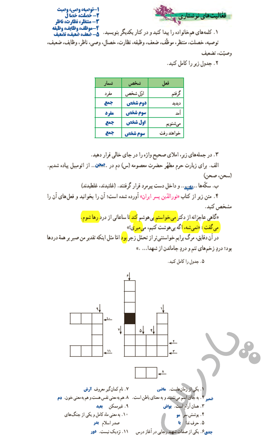 پاسخ فعالیت های نوشتاری درس 11 فارسی هفتم
