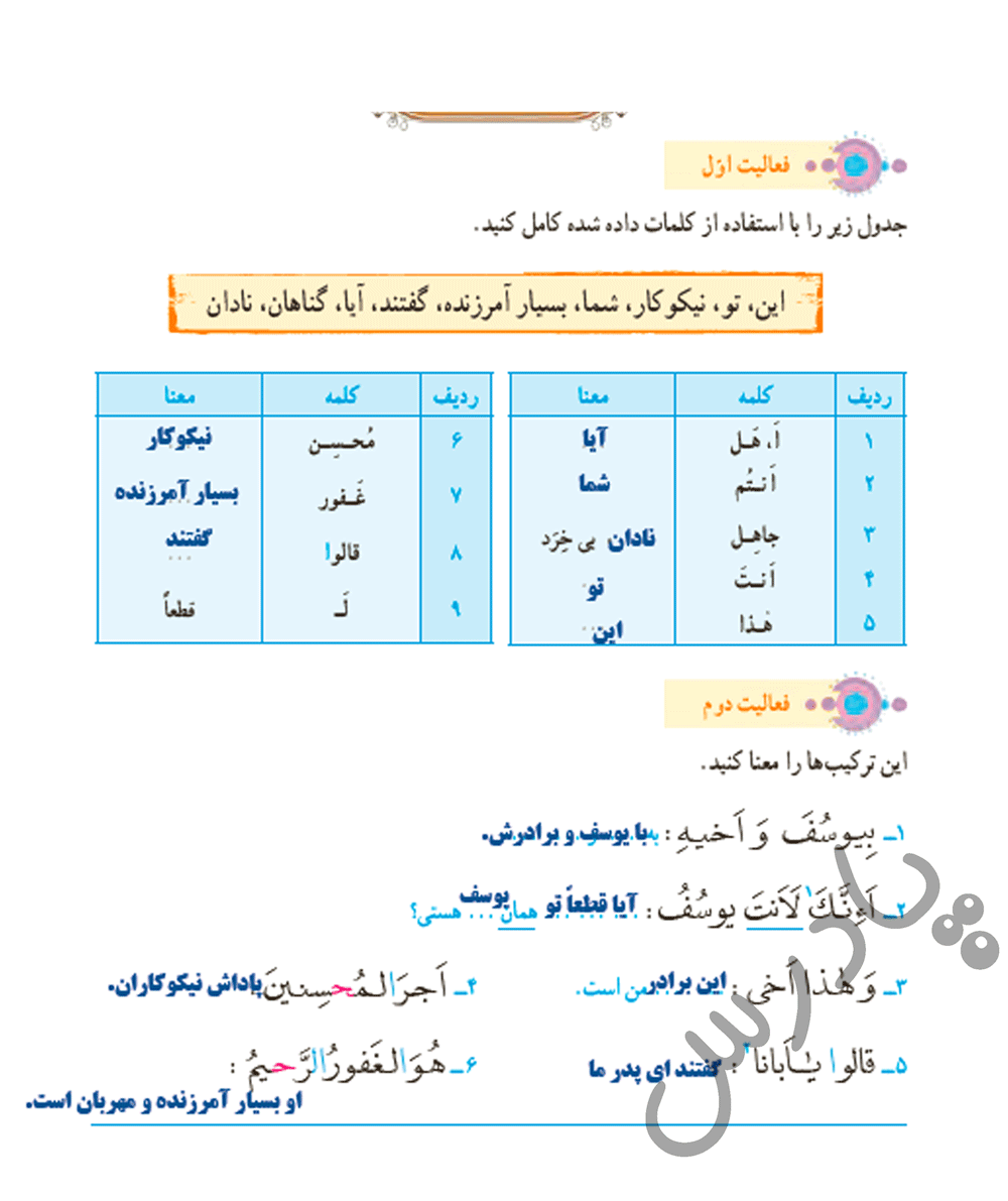پاسخ فعالیت های صفحه 43 درس 4 قرآن هفتم- جلسه  اول