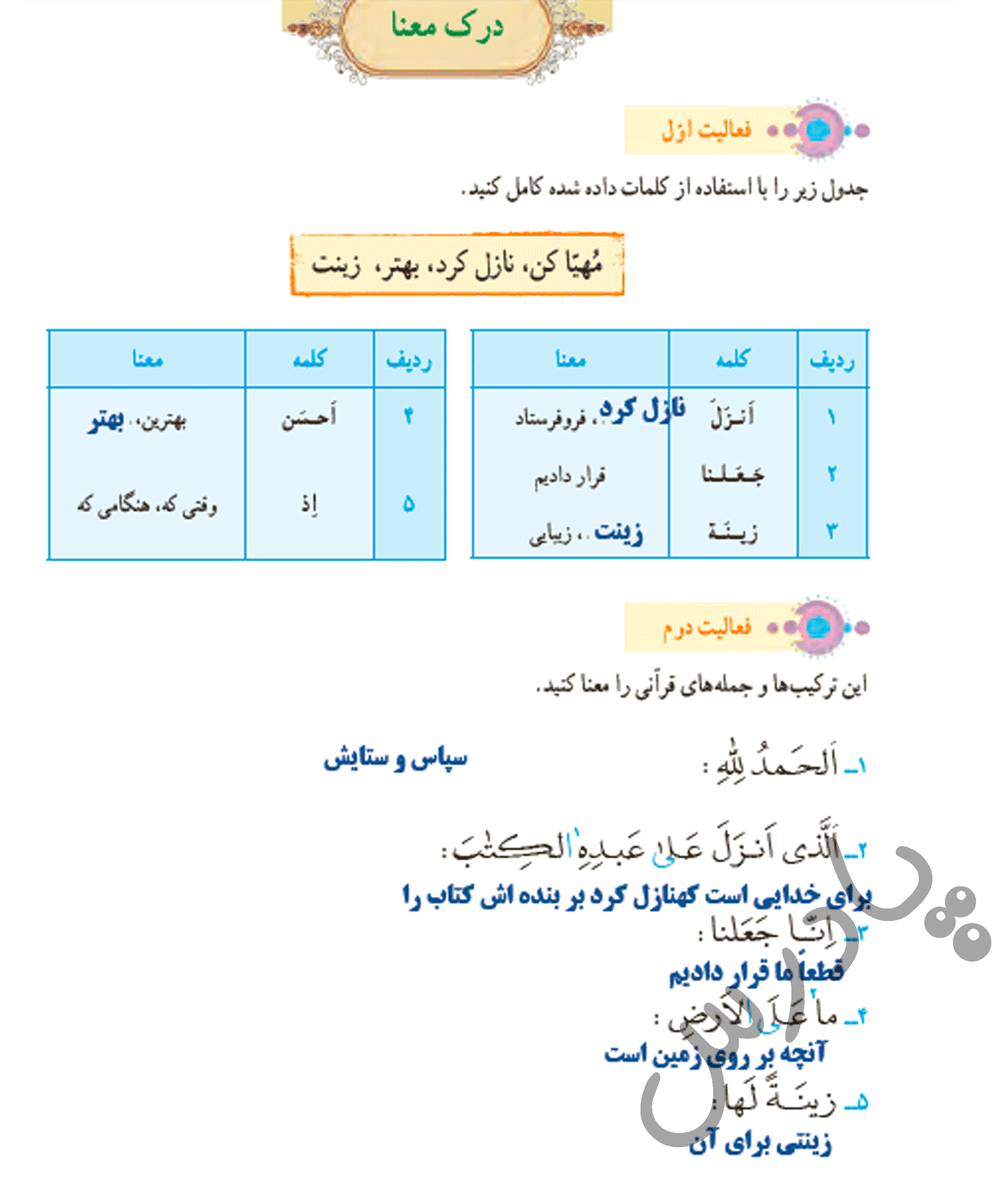 پاسخ فعالیت 1 و2  درس 8 قرآن هفتم -جلسه اول