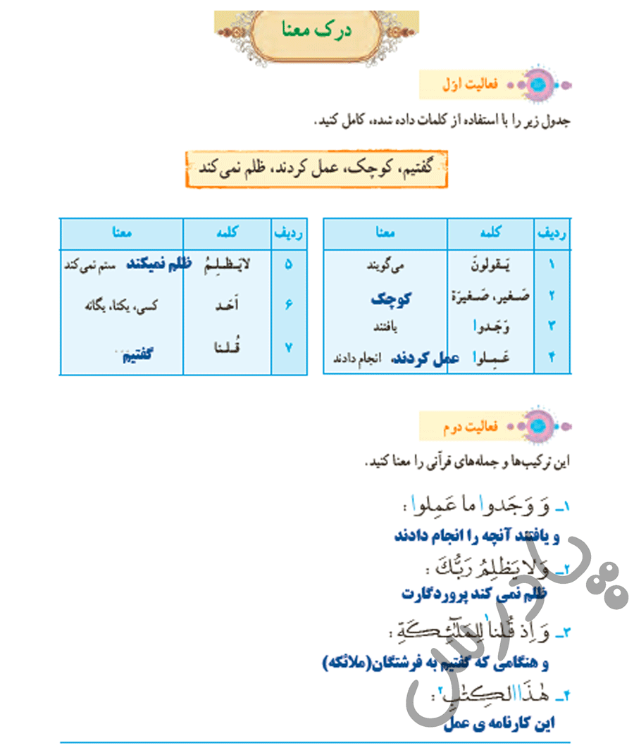 پاسخ فعالیت 1 و2  درس 8 قرآن هفتم - جلسه دوم