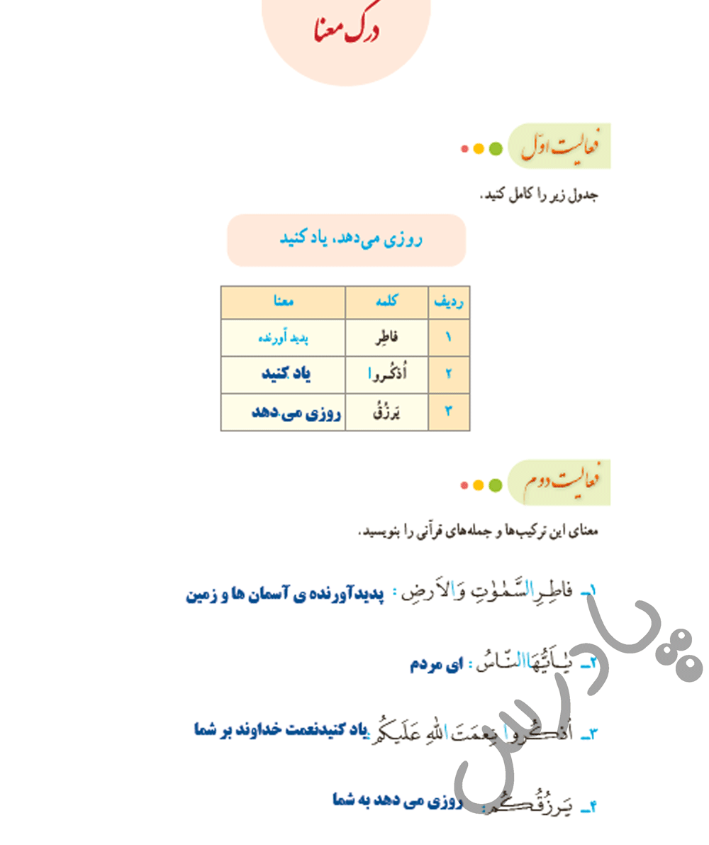 جواب فعالیت های 1 و2  درس 9 قرآن هشتم -جلسه دوم