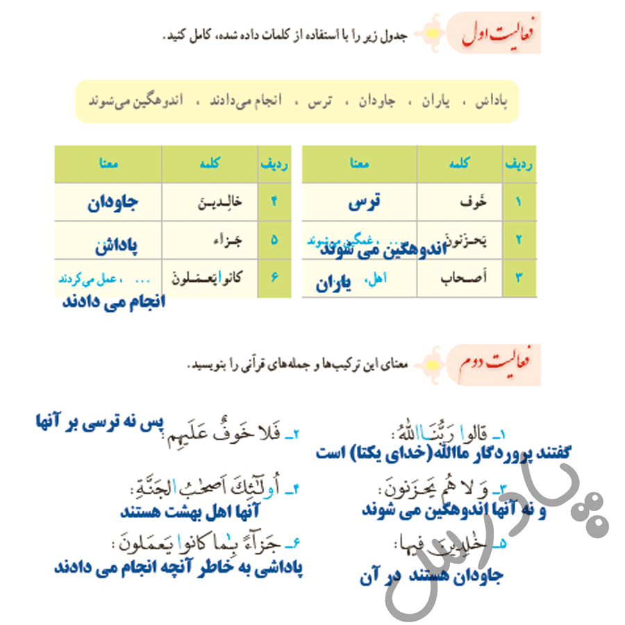 پاسخ فعالیت درس 3 قرآن نهم - بخش اول