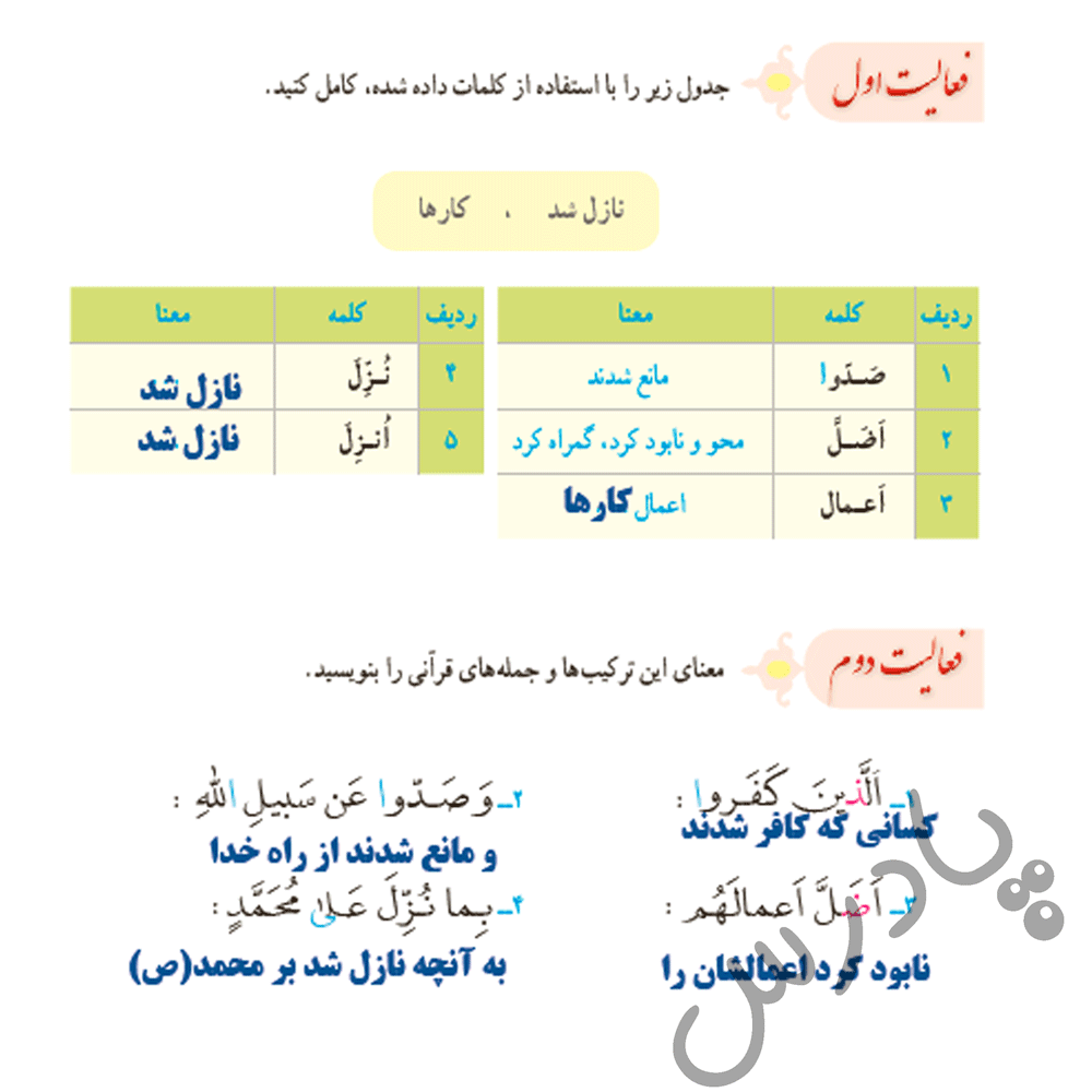 جواب فعالیت درس 3 قرآن نهم - بخش دوم