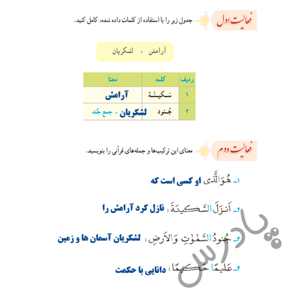 پاسخ فعالیت درس 4 قرآن نهم - بخش اول