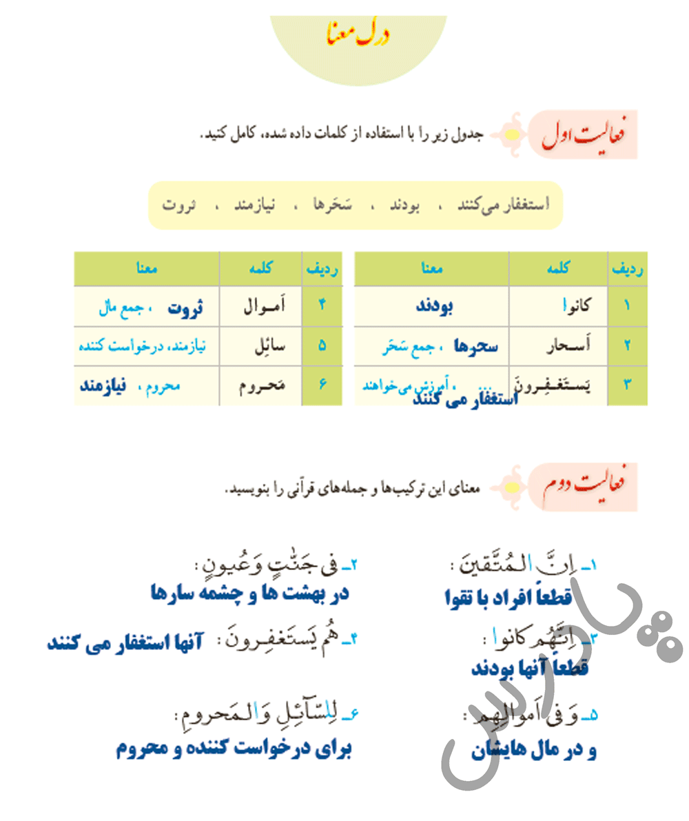 پاسخ فعالیت درس 5 قرآن نهم - جلسه اول