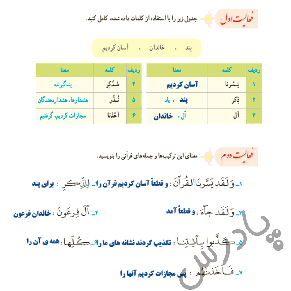 پاسخ فعالیت درس 5 قرآن نهم - جلسه دوم
