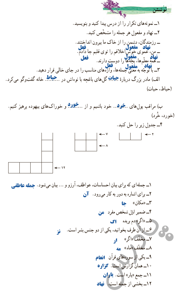 جواب فعالیت های نوشتاری درس 6 فارسی هفتم