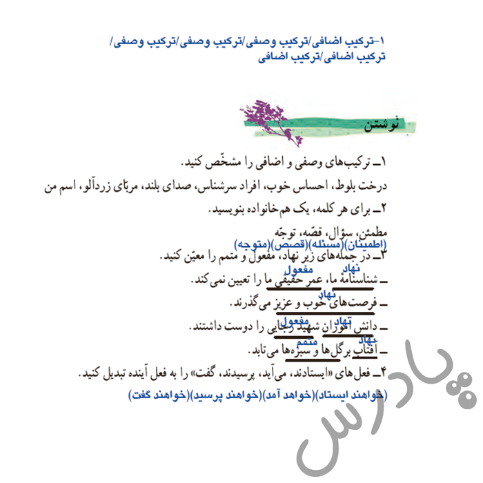 پاسخ فعالیت های نوشتاری درس 16 فارسی هفتم